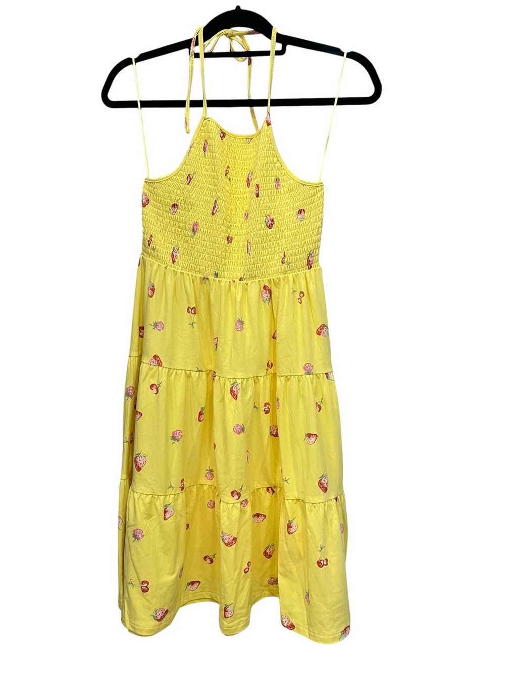 Abound Yellow Tiered Halter Dress with Strawberry Print Sz S NWT